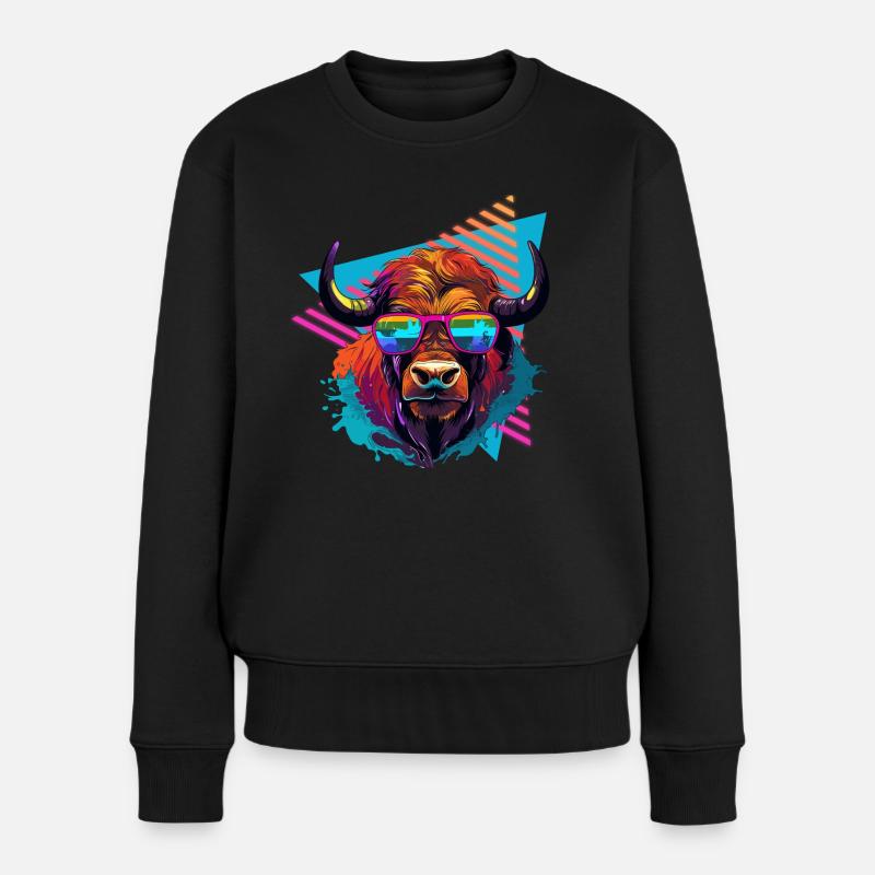 Büffel mit Sonnenbrille 80er Jahre - Frauen Premium Bio Pullover - Schwarz