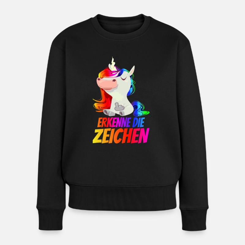 Erkenne die Zeichen - Mittelfinger Einhorn - Frauen Premium Bio Pullover - Schwarz