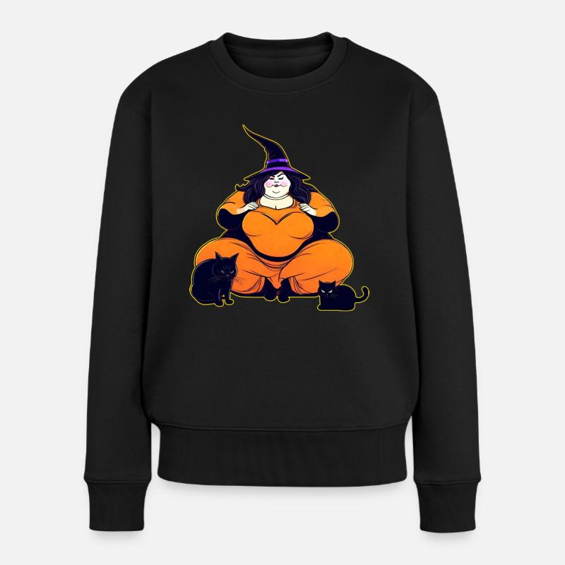 Niedliche dicke Hexe mit schwarzer Katze beim Joga - Frauen Premium Bio Pullover - Schwarz