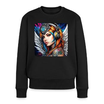 Cooler Cyberpunk Engel mit Kopfhörer - Frauen Premium Bio Pullover - Schwarz - Vorne - Julia (174cm)
