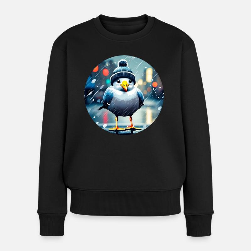 Niedliche Möwe im Regen - Frauen Premium Bio Pullover - Schwarz