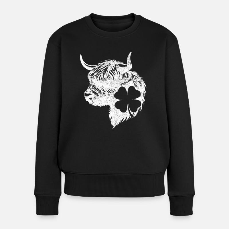Kleeblatt Schottisches Hochlandrind - Frauen Premium Bio Pullover - Schwarz