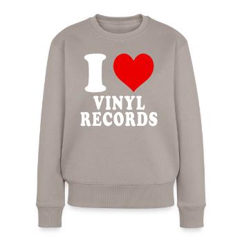 J’aime les disques vinyles coeur drôle spirituel - Pull Premium bio Femme - taupe - Devant - Julia (174cm)