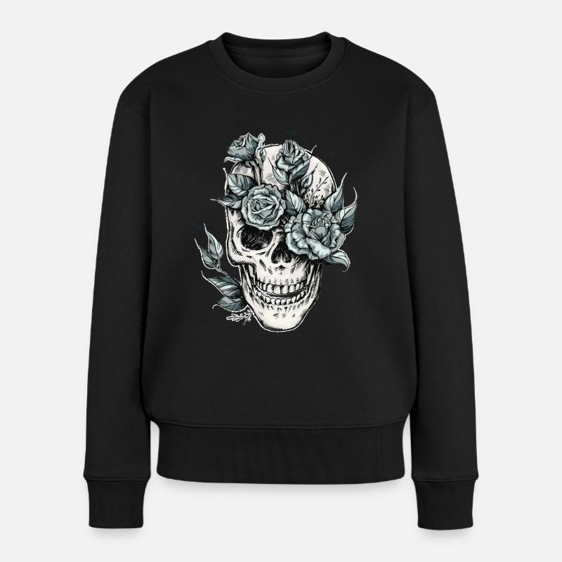 Schädel mit Blume, Totenkopf bunt - Frauen Premium Bio Pullover - Schwarz