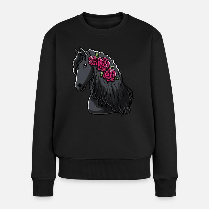 Friesenpferd mit Blumen Pferdefan Geschenk - Frauen Premium Bio Pullover - Schwarz