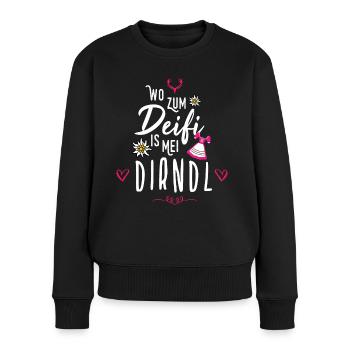 Wo zum Deifi is mei Dirndl Ersatz Tracht Bayern - Frauen Premium Bio Pullover - Schwarz - Vorne - Julia (174cm)