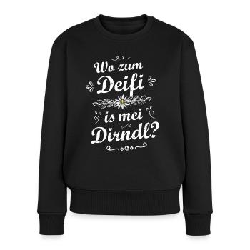 Wo zum Deifi is mei Dirndl Sprüche Trachtenshirt - Frauen Premium Bio Pullover - Schwarz - Vorne - Julia (174cm)