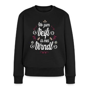 Wo zum Deifi is mei Dirndl? - Frauen Premium Bio Pullover - Schwarz - Vorne - Julia (174cm)