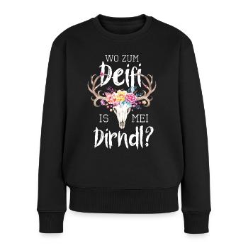 Wo zum Deifi is mei Dirndl Hirsch Trachtenshirt - Frauen Premium Bio Pullover - Schwarz - Vorne - Julia (174cm)