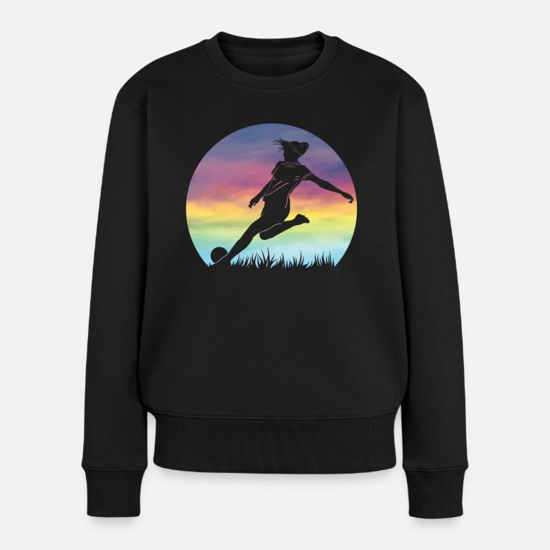 Frauenfußball Silhouette Bunter Retro Sonnenuntergang - Frauen Premium Bio Pullover - Schwarz