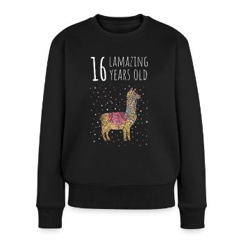 Anniversaire Seize 16ème Lama Alpaga - Pull Premium bio Femme - noir - Devant - Julia (174cm)