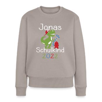 Jonas 2022 T-Rex Einschulung Erstklässler 2022 - Frauen Premium Bio Pullover - Taupe - Vorne - Julia (174cm)