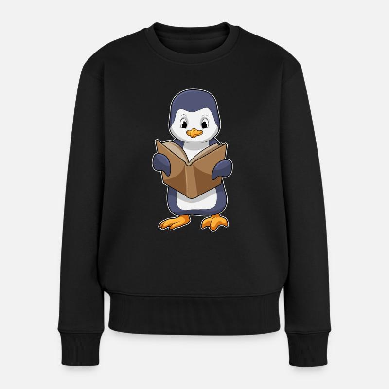 Pinguin als Nerd mit Buch - Frauen Premium Bio Pullover - Schwarz