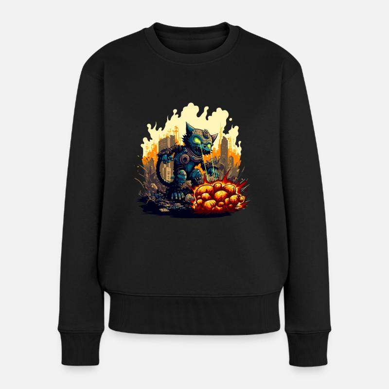 Science Fiction Roboter Katze zerstört die Stadt - Frauen Premium Bio Pullover - Schwarz