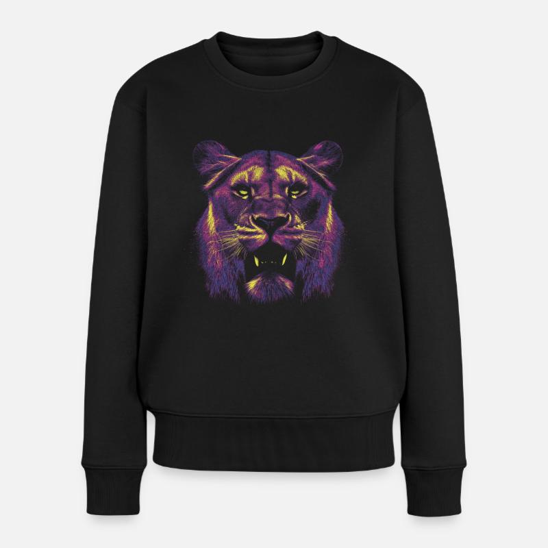 Farbiger Löwinnenkopf - Frauen Premium Bio Pullover - Schwarz