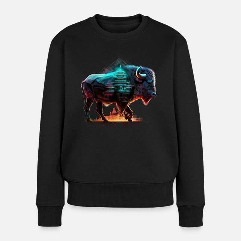 Bison Wald Wildtiere Bauer Berge Tier Tiermotiv - Frauen Premium Bio Pullover - Schwarz
