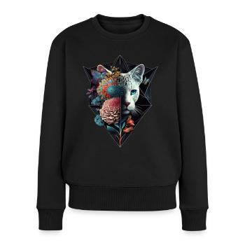 Katze Blumen Kunst Geschenk Katzenmotiv Tier - Frauen Premium Bio Pullover - Schwarz - Vorne - Julia (174cm)
