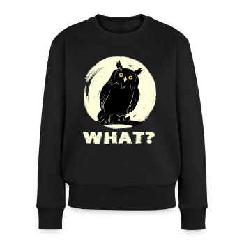 Owl skeptically asks: What? Funny owl saying - Women's Premium Organic Jumper - black - Front - Julia (174cm)