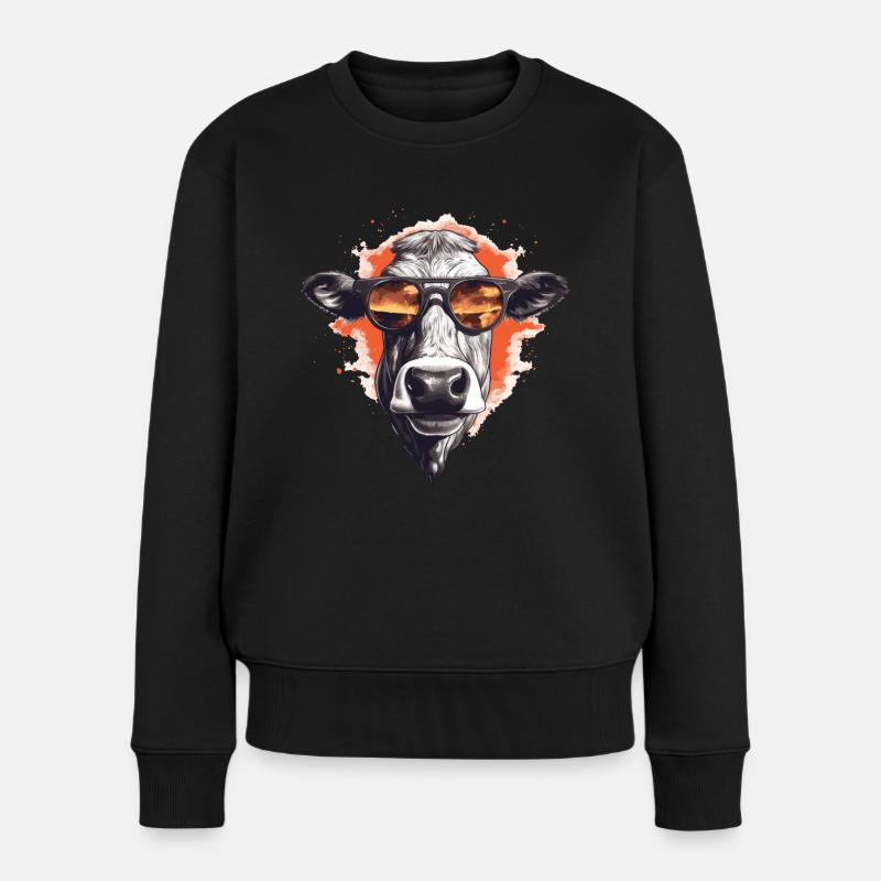 Kuh mit Sonnenbrille - Frauen Premium Bio Pullover - Schwarz