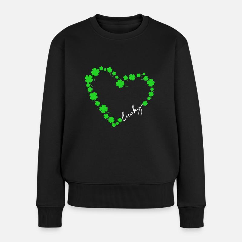 Kleeblatt Herz Vierblättriges Kleeblatt Lucky St Patricks - Frauen Premium Bio Pullover - Schwarz