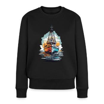 Fischerboot Ästhetik Fischen und Angeln Boot - Frauen Premium Bio Pullover - Schwarz - Vorne - Julia (174cm)