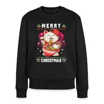Süße Kawaii Anime Katze mit Ramen Ugly Christmas - Frauen Premium Bio Pullover - Schwarz - Vorne - Julia (174cm)