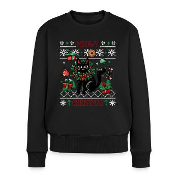 Meowy Christmas - Katze Pajamas PJ Ugly Funny Xmas - Frauen Premium Bio Pullover - Schwarz - Vorne - Julia (174cm)