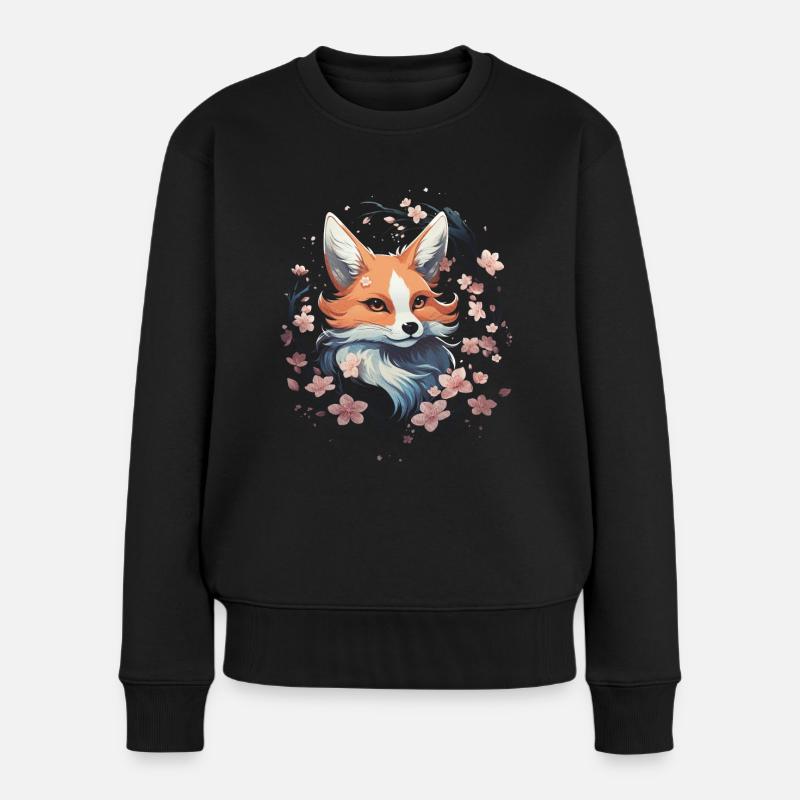 Kitsune Japanisch Kawaii Kirschblüte Sakura - Frauen Premium Bio Pullover - Schwarz