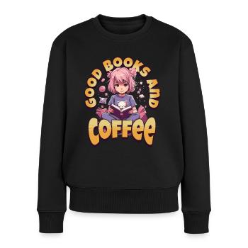 Books and Coffee - Kawaii Girl für Bücherwürmer - Frauen Premium Bio Pullover - Schwarz - Vorne - Julia (174cm)