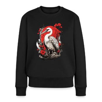 Kranich Asiatische Ästhetik Vintage Streetwear - Frauen Premium Bio Pullover - Schwarz - Vorne - Julia (174cm)