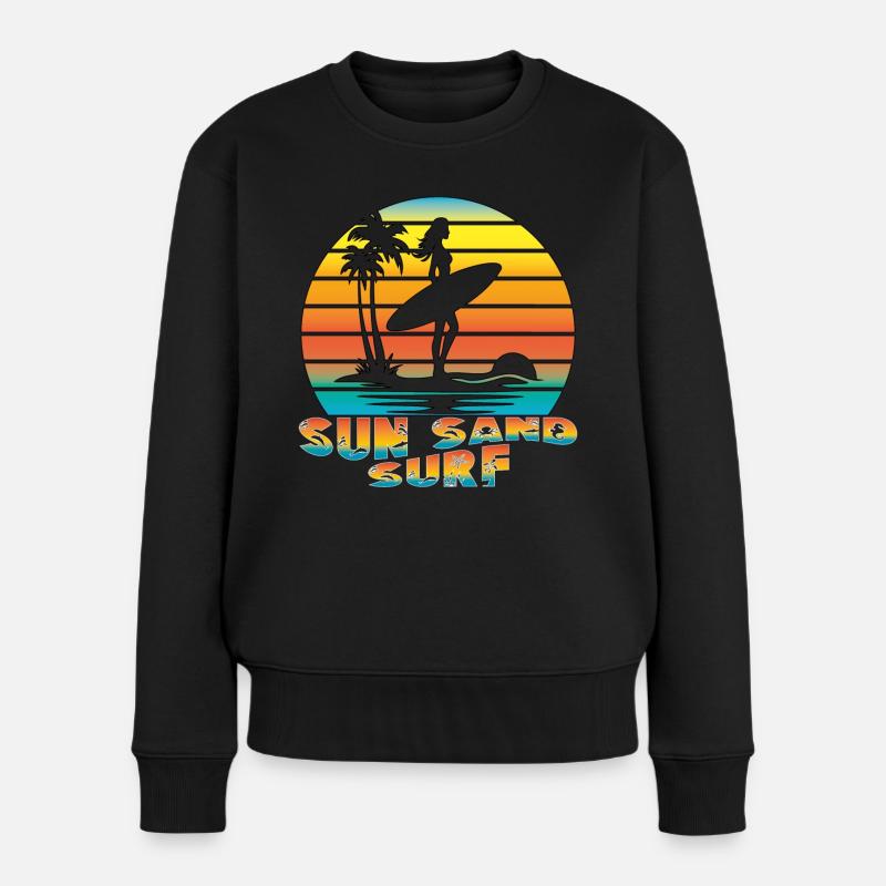 SUN SAND SURF. Sommer, Strand, Meer, Palmen, Cool, - Frauen Premium Bio Pullover - Schwarz