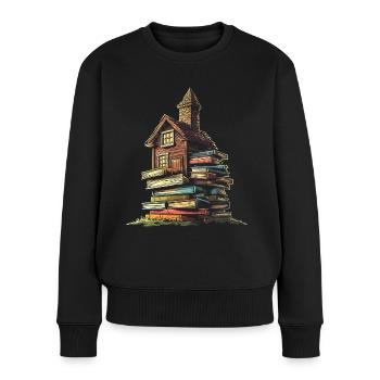 Buch Haus Grafik Motiv Buch - Frauen Premium Bio Pullover - Schwarz - Vorne - Julia (174cm)