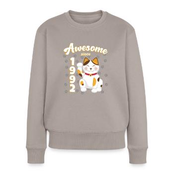 1992 Geburtstag Awesome since Katze Maneki neko - Frauen Premium Bio Pullover - Taupe - Vorne - Julia (174cm)