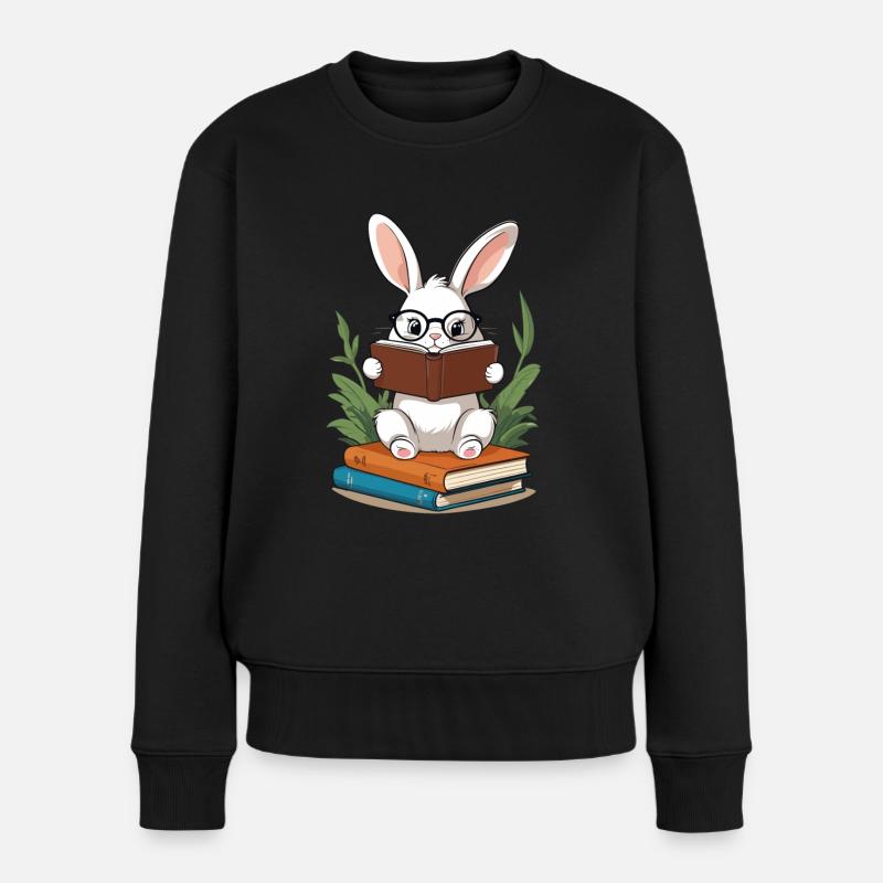 Lesender Hase Begeisterter Bücherwurm Stil Bunny - Frauen Premium Bio Pullover - Schwarz