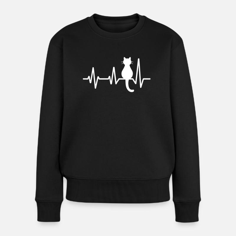 Herzschlag mit Katze - Frauen Premium Bio Pullover - Schwarz