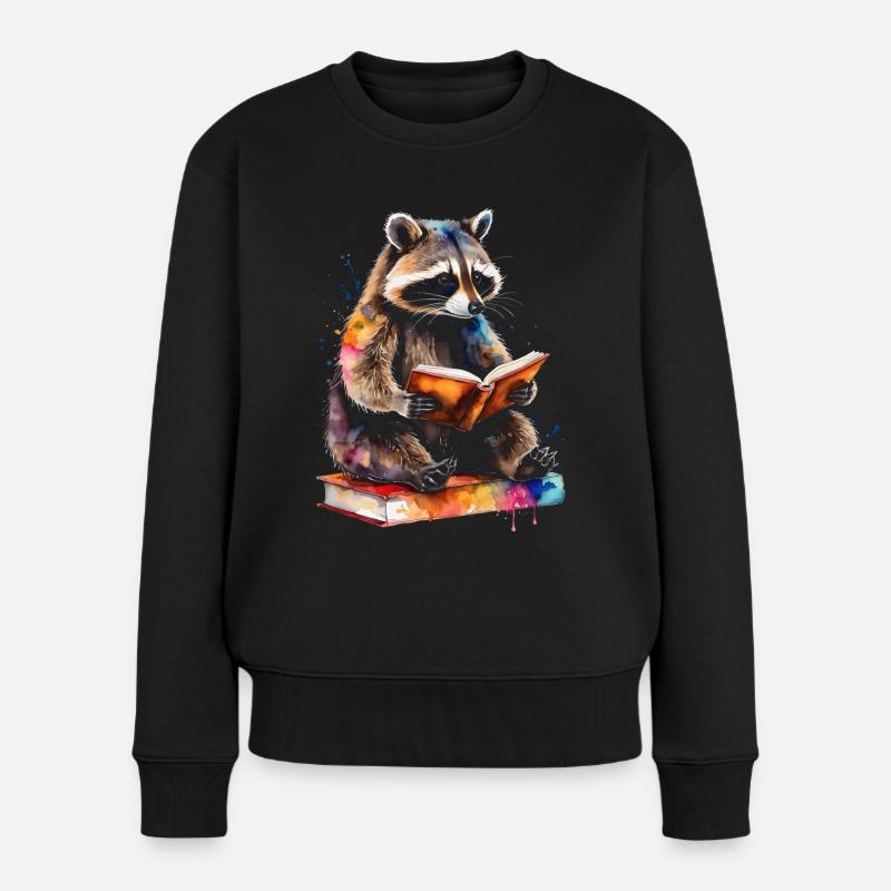 Waschbär Lesen Buch Bunt Tier Design Print - Frauen Premium Bio Pullover - Schwarz