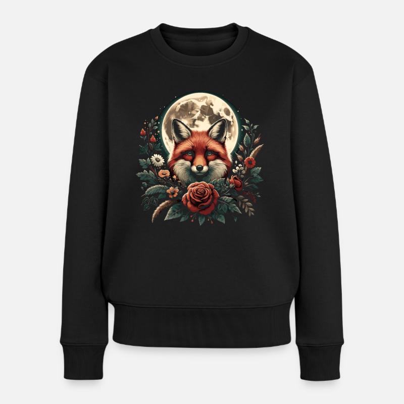Cottagecore Fox Full Moon Floral Nature - Women's Premium Organic Jumper - black