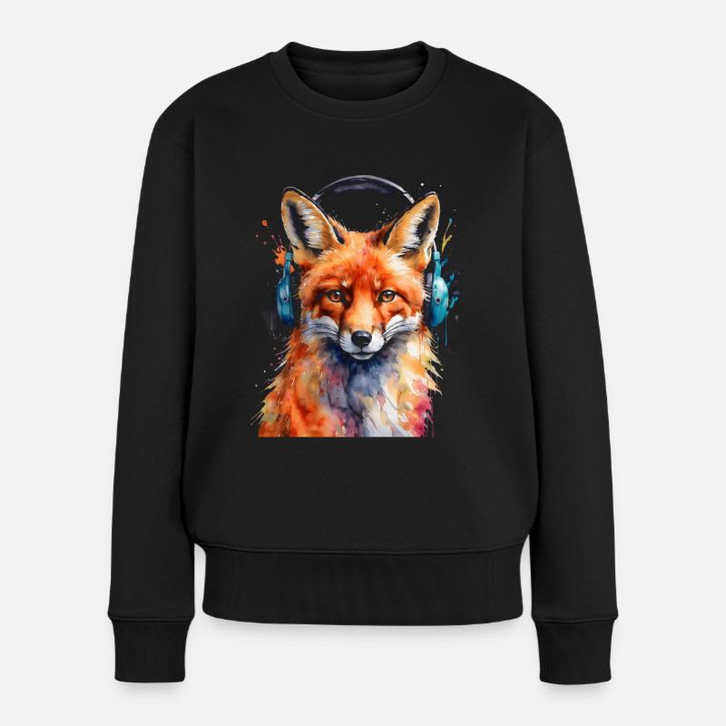 Fuchs Kopfhörer Musik Bunt Tier Design Print - Frauen Premium Bio Pullover - Schwarz
