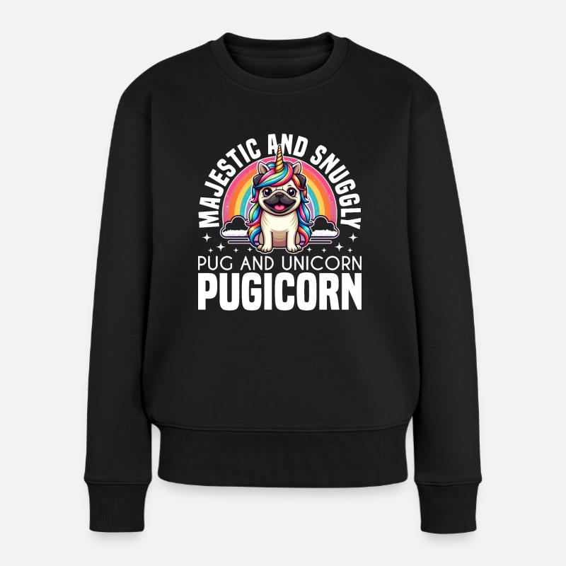 MAJESTÄTISCH UND KUSCHELIG - MOPS UND EINHORN - PUGICORN - Frauen Premium Bio Pullover - Schwarz