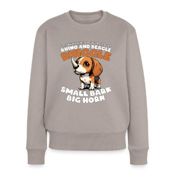 KLEINE RINDE, GROSSES HORN - NASHORN UND BEAGLE - RHIGGLE - Frauen Premium Bio Pullover - Taupe - Vorne - Julia (174cm)