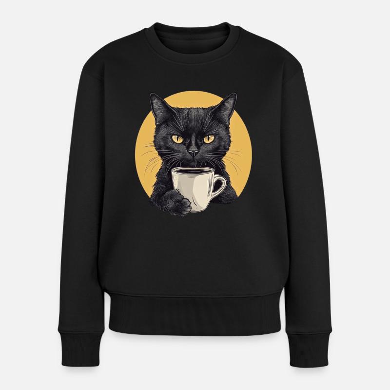Realistische Katze mit Kaffee - Morgenritual - Frauen Premium Bio Pullover - Schwarz