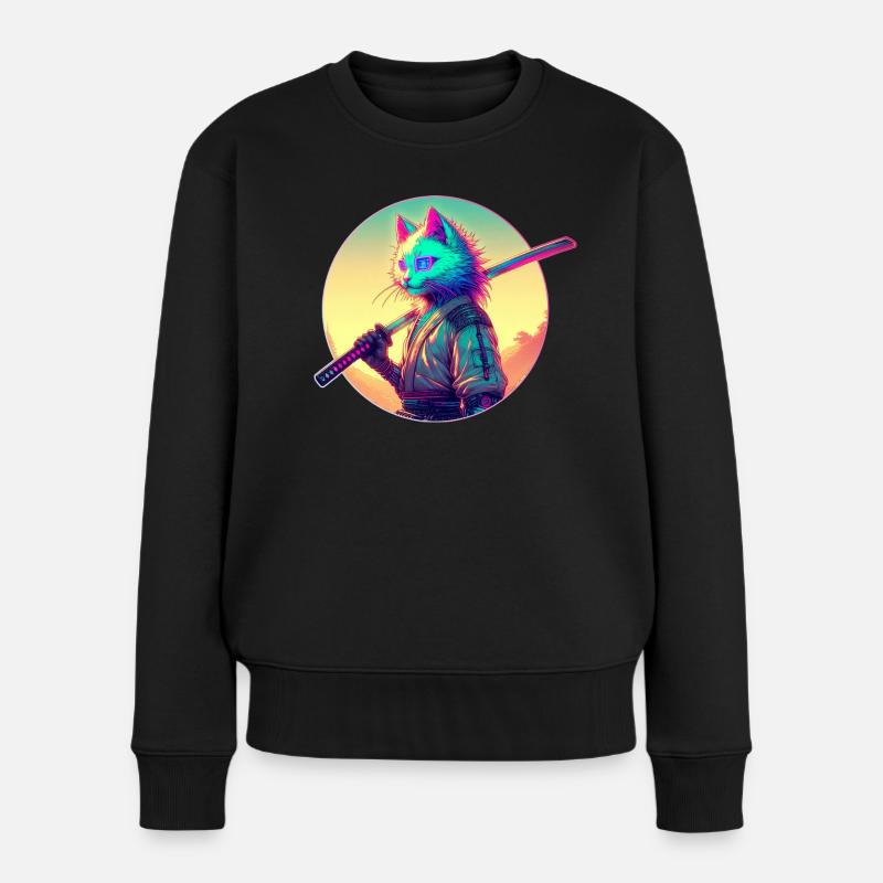 Cyberpunk Katze Samurai Anime - Frauen Premium Bio Pullover - Schwarz