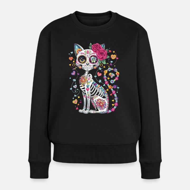 Sugar Skull Katze – Día de los Muertos - Frauen Premium Bio Pullover - Schwarz