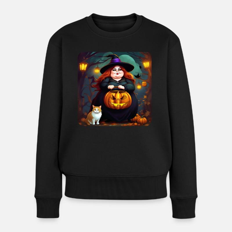 Sorcière grasse avec jack-o'-lantern et chat - Pull Premium bio Femme - noir