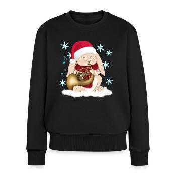 Joueur de corne de Français lapin de Noël avec chapeau de Père Noël - Pull Premium bio Femme - noir - Devant - Julia (174cm)