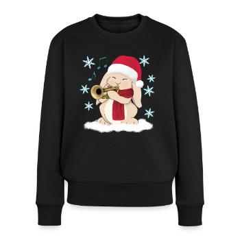 Trompettiste de Noël Lapin mignon au chapeau de Père Noël - Pull Premium bio Femme - noir - Devant - Julia (174cm)