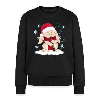 Christmas Oboe Playing Cartoon Rabbit in Santa Hat - Women's Premium Organic Jumper - black - Front - Julia (174cm)