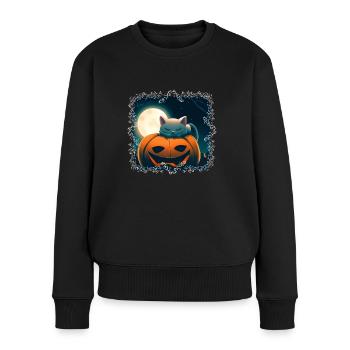 Petit chat sur citrouille - Pull Premium bio Femme - noir - Devant - Julia (174cm)