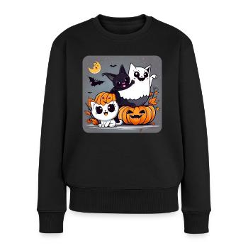 Geistertrio Schwarze Katze, Fledermaus und Geist - Frauen Premium Bio Pullover - Schwarz - Vorne - Julia (174cm)