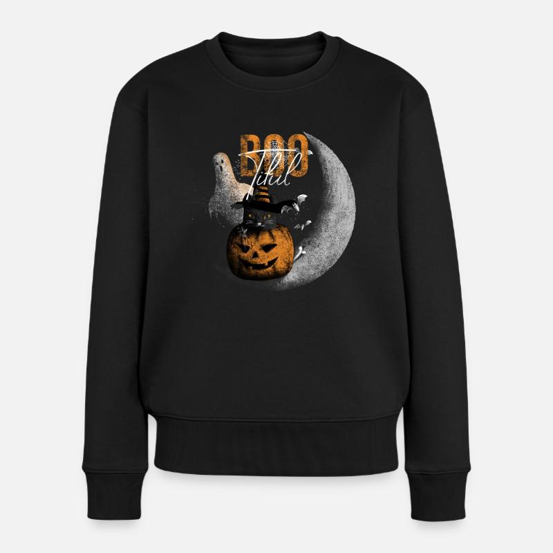 Bootiful Ghost and Black Cat in Crescent Moon - Frauen Premium Bio Pullover - Schwarz